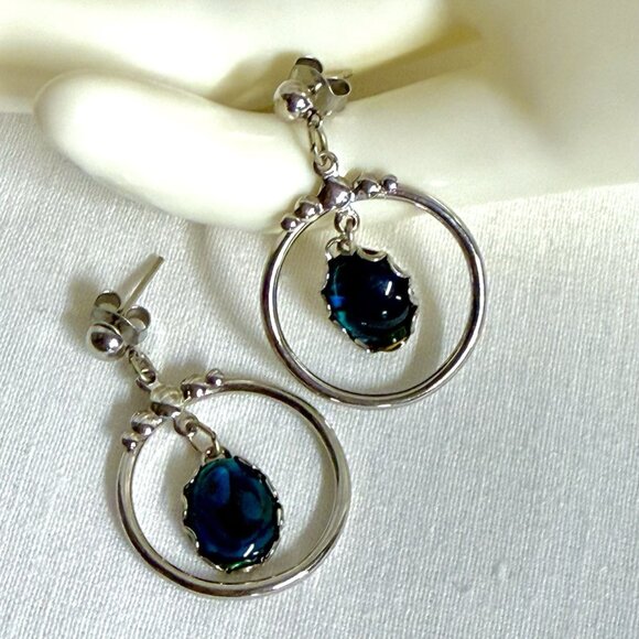 Vintage Silver-Tone Dangle Earrings with Blue Glass Cabochon Drop - Picture 1 of 8